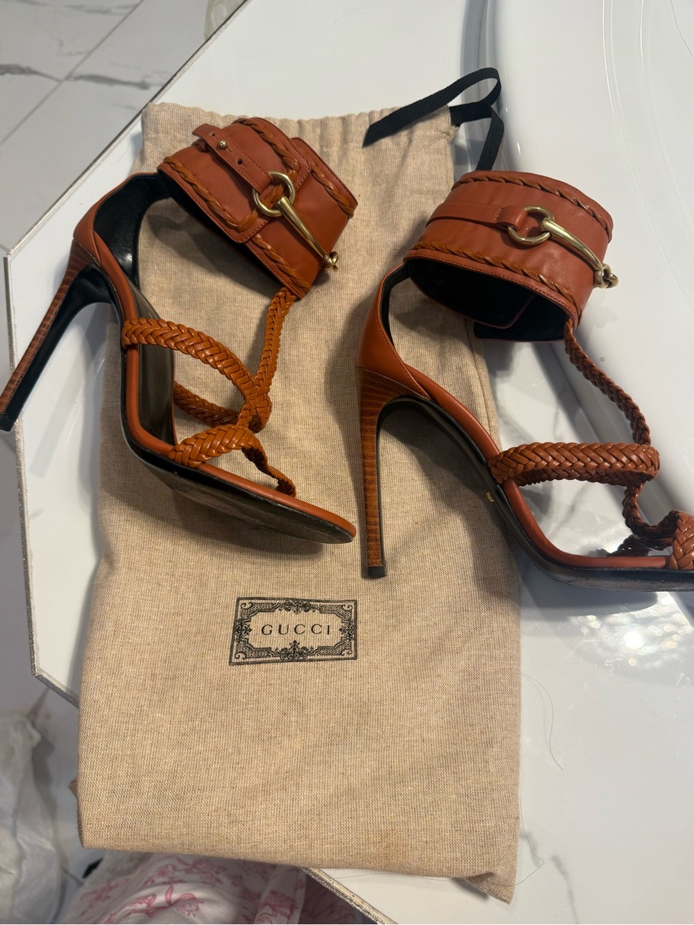Gucci Cognac Braided Leather High Heel Sandals with Gold-Tone Hardware